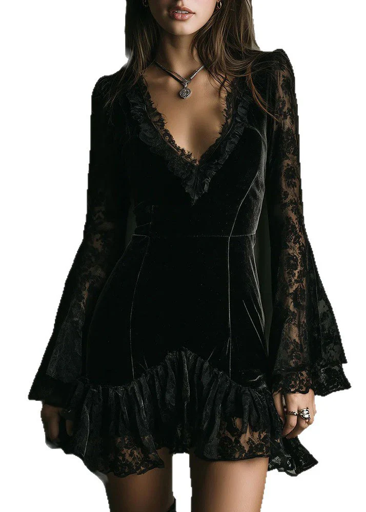 Stylish Black V Neck Lace Patchwork Velvet Mini Dress Fall - Image 5