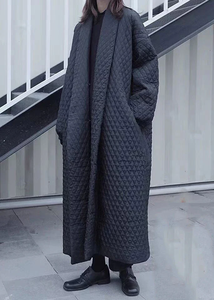 Stylish Black V Neck Plaid Fine Cotton Filled Trench Coats Winter - Image 3