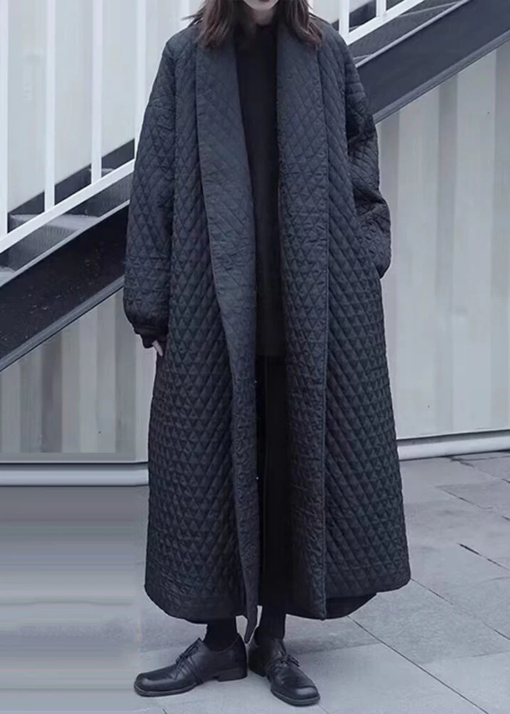 Stylish Black V Neck Plaid Fine Cotton Filled Trench Coats Winter - Image 5