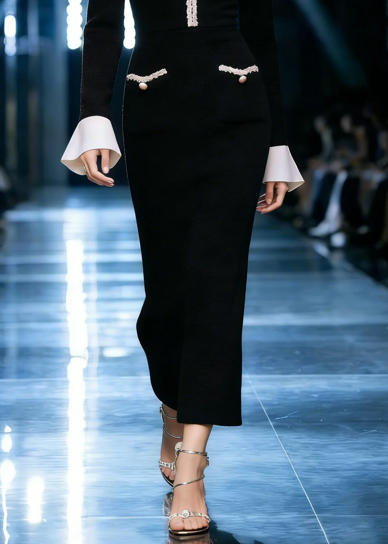 Stylish Black V Neck Pockets Patchwork Cotton Long Dresses Flare Sleeve - Image 4