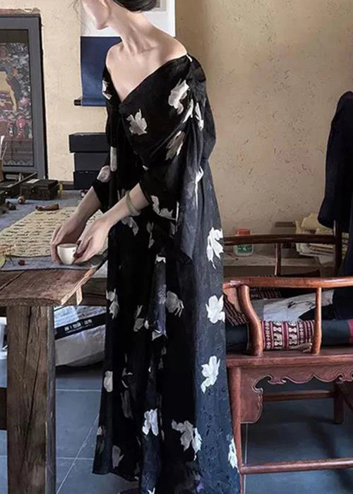 Stylish Black V Neck Print Chiffon Long Dress Half Sleeve - Image 2