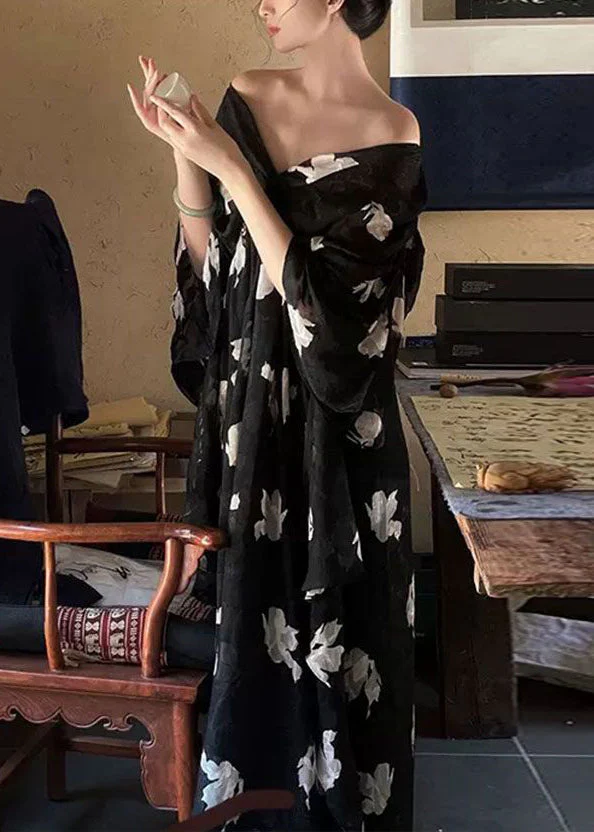 Stylish Black V Neck Print Chiffon Long Dress Half Sleeve - Image 3