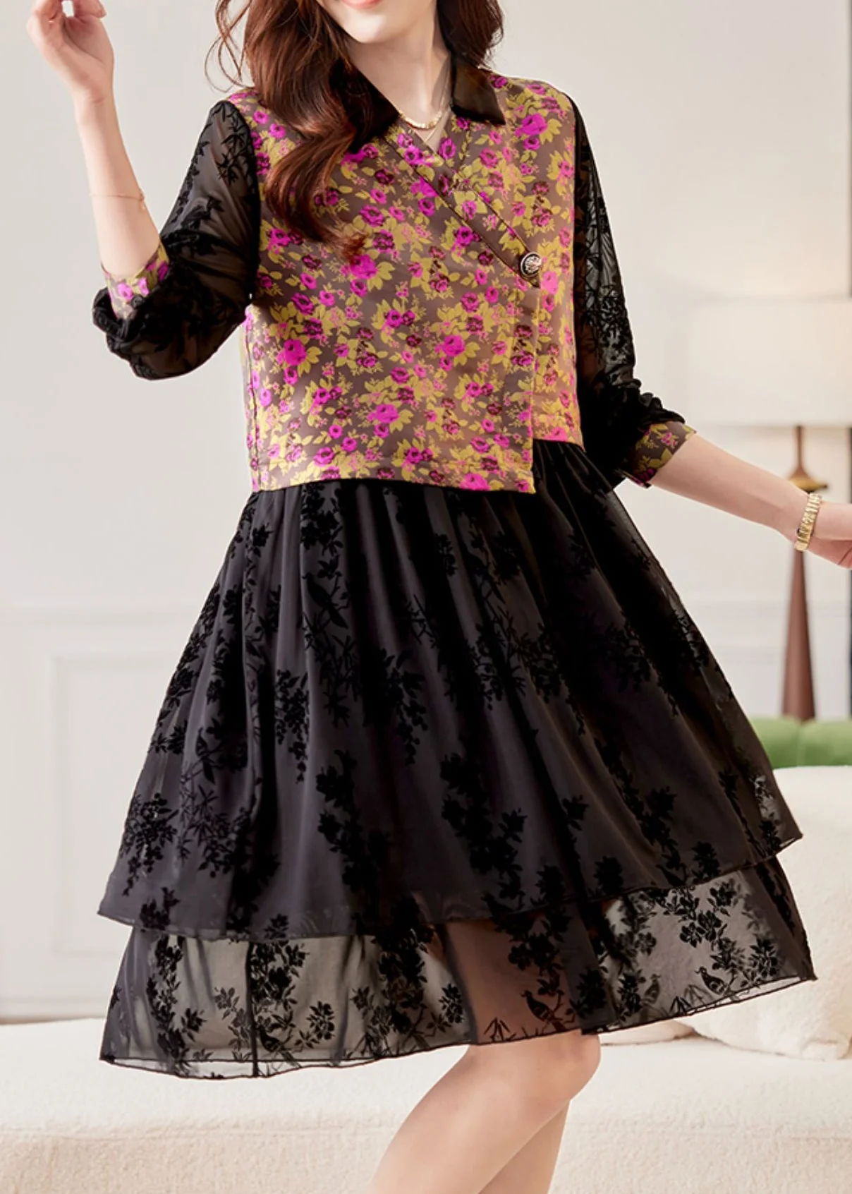 Stylish Black V Neck Print Patchwork Tulle Long Dress Spring - Image 2