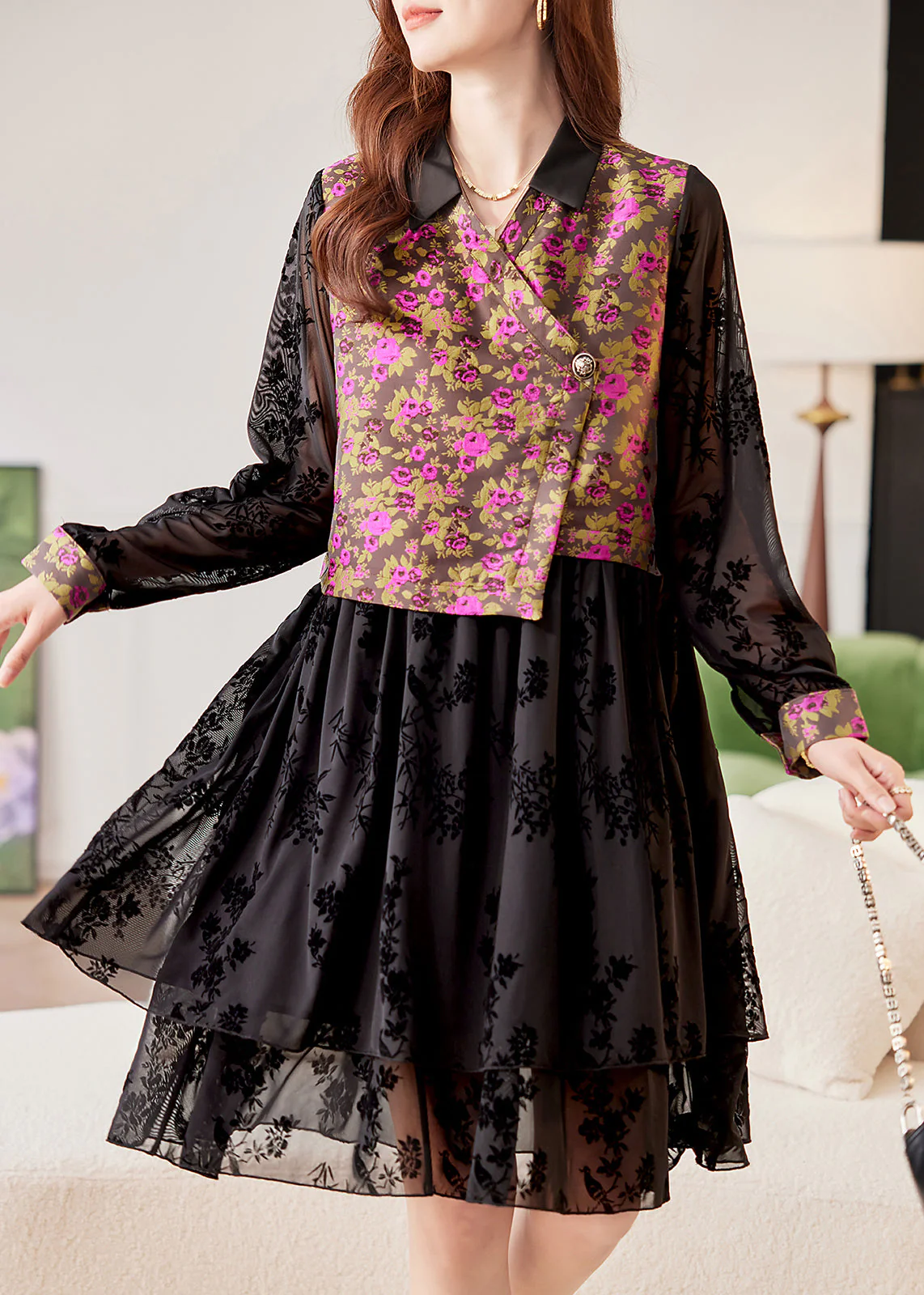 Stylish Black V Neck Print Patchwork Tulle Long Dress Spring - Image 3