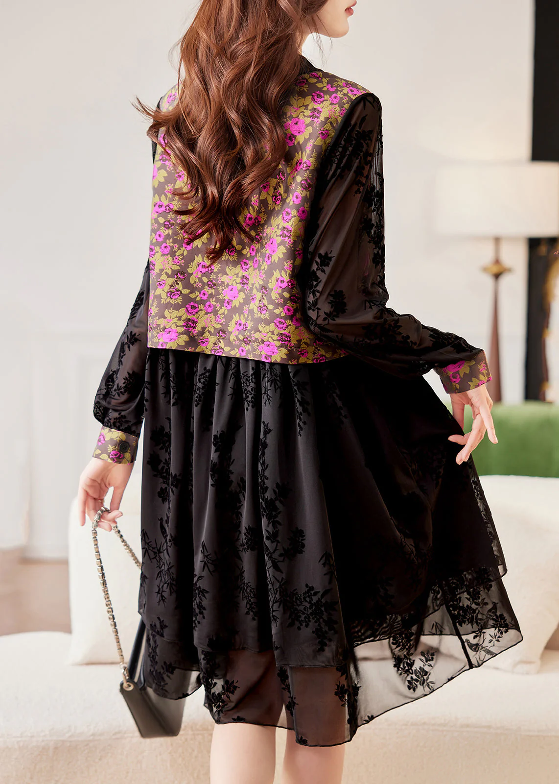 Stylish Black V Neck Print Patchwork Tulle Long Dress Spring - Image 4