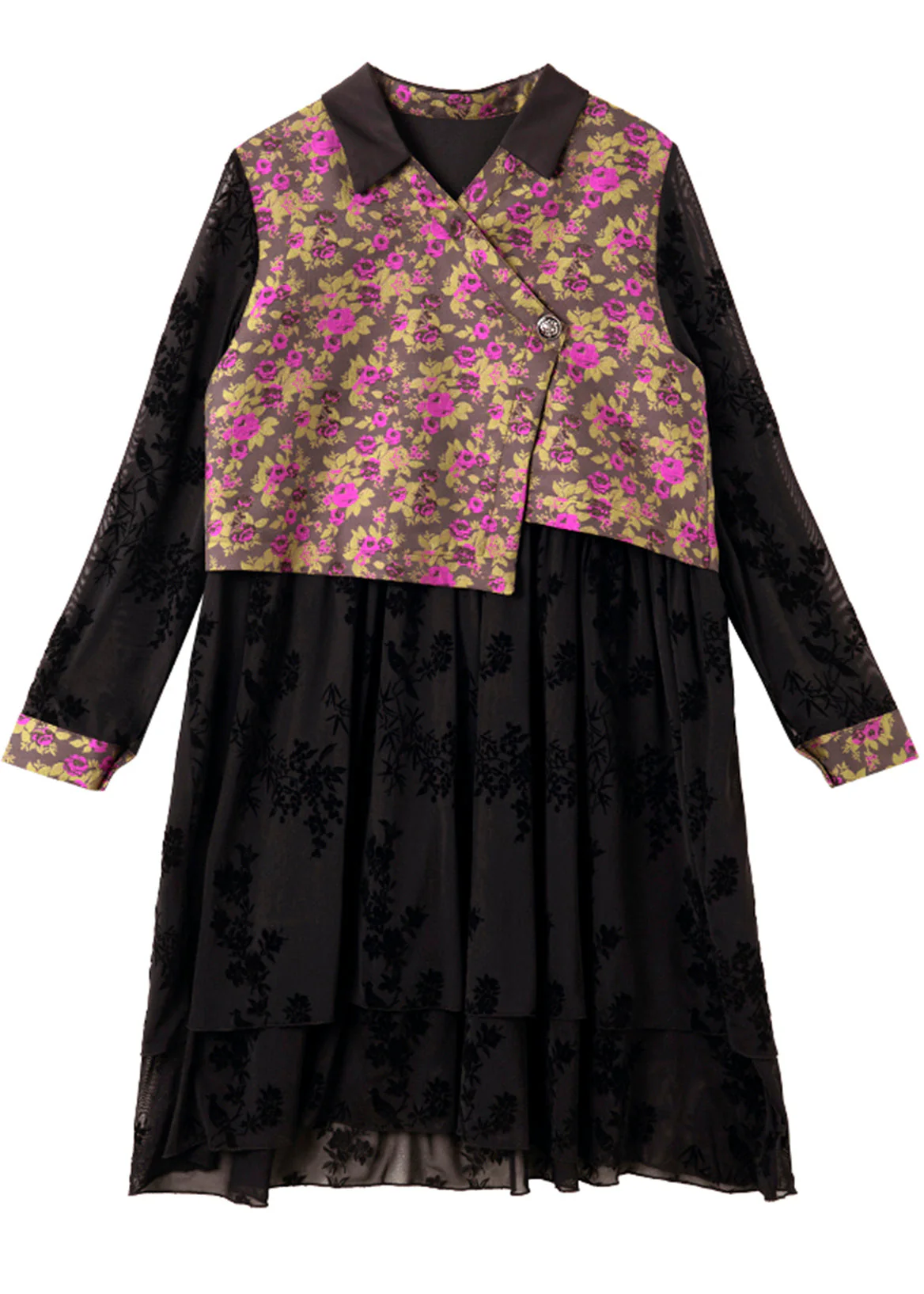 Stylish Black V Neck Print Patchwork Tulle Long Dress Spring - Image 5