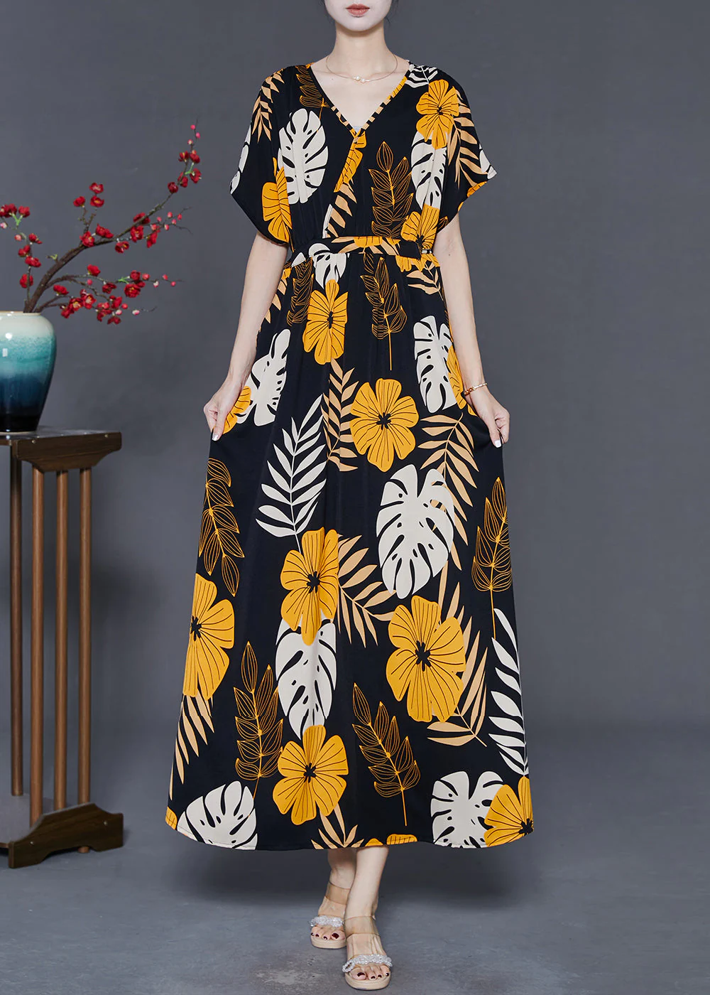 Stylish Black V Neck Print Silk Ankle Dress Summer - Image 2
