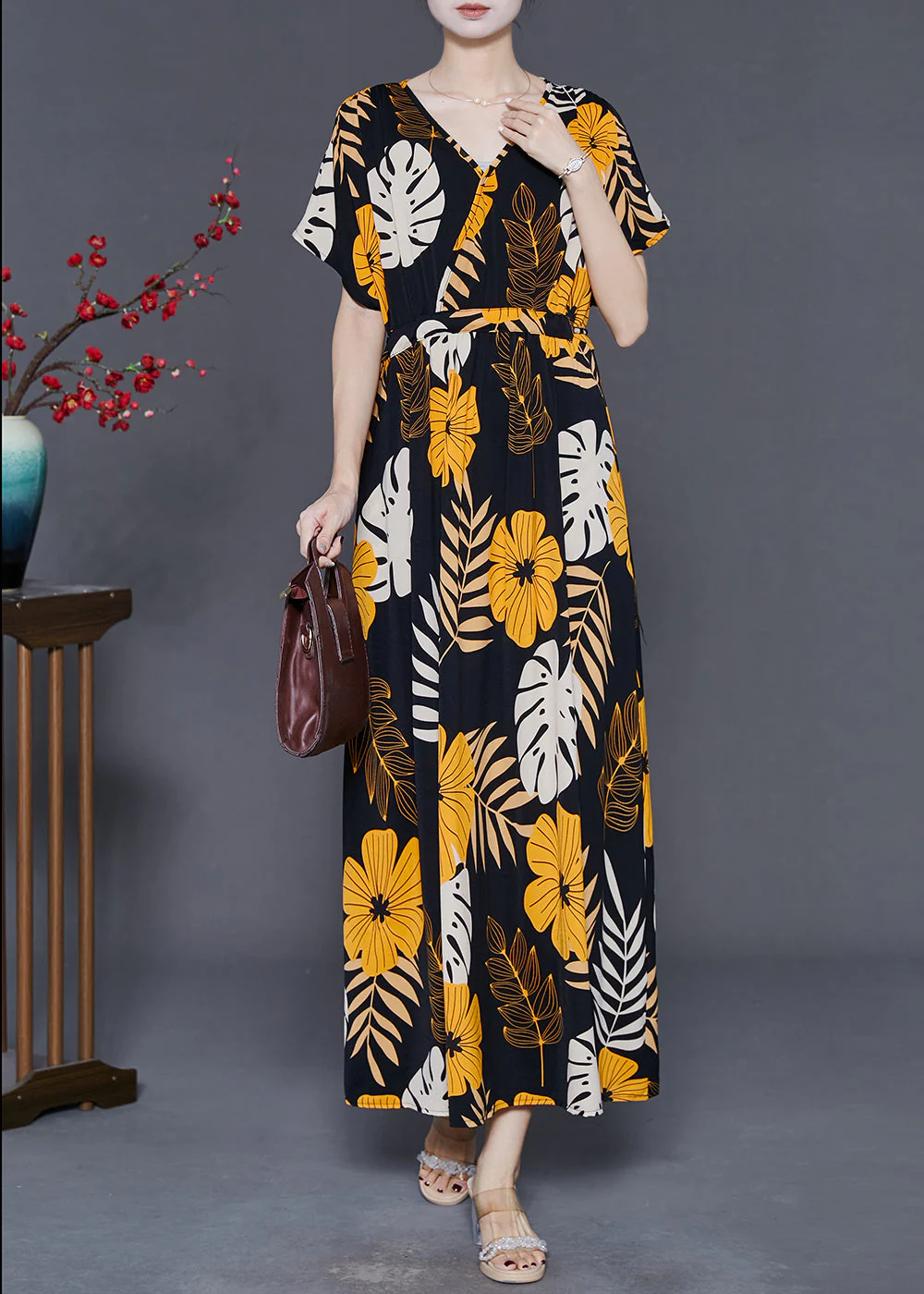 Stylish Black V Neck Print Silk Ankle Dress Summer - Image 3