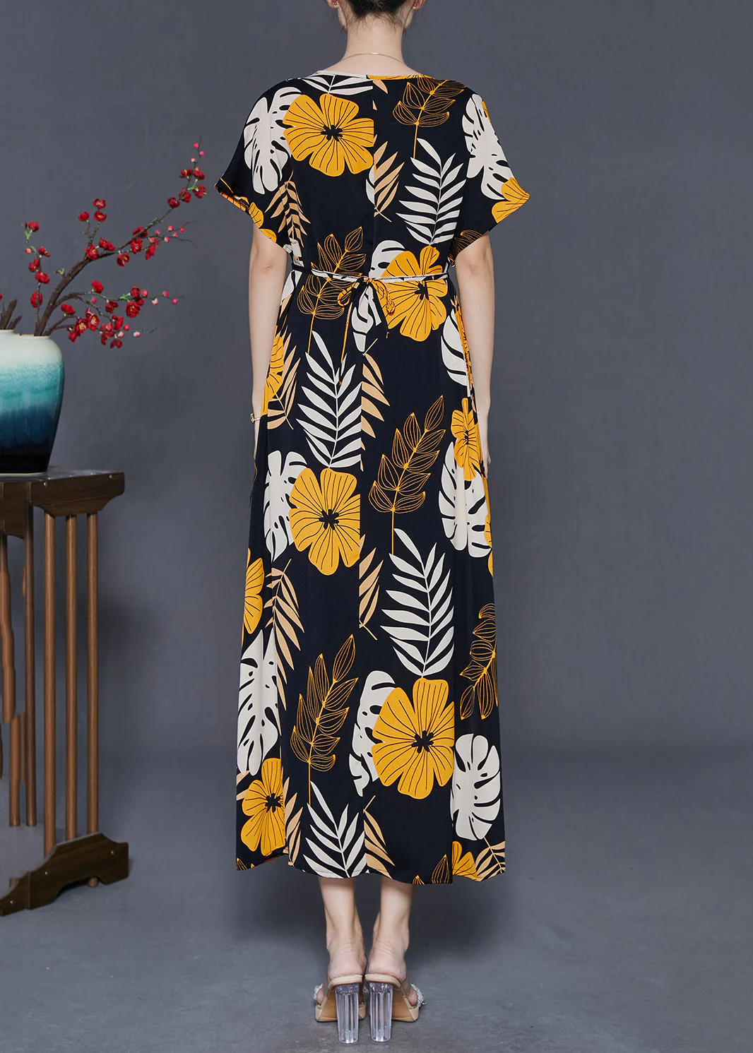 Stylish Black V Neck Print Silk Ankle Dress Summer - Image 4