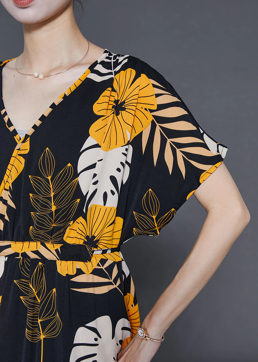 Stylish Black V Neck Print Silk Ankle Dress Summer - Image 5