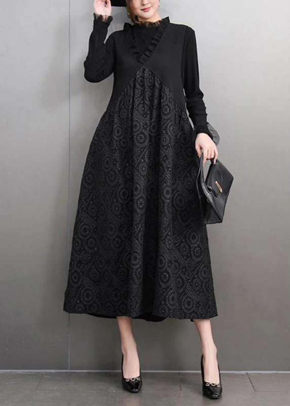 Stylish Black V Neck Print T Shirts And Long Dress Two Pieces Set Spring - Image 2