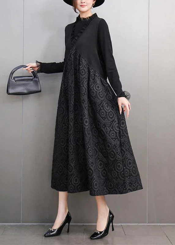 Stylish Black V Neck Print T Shirts And Long Dress Two Pieces Set Spring - Image 3