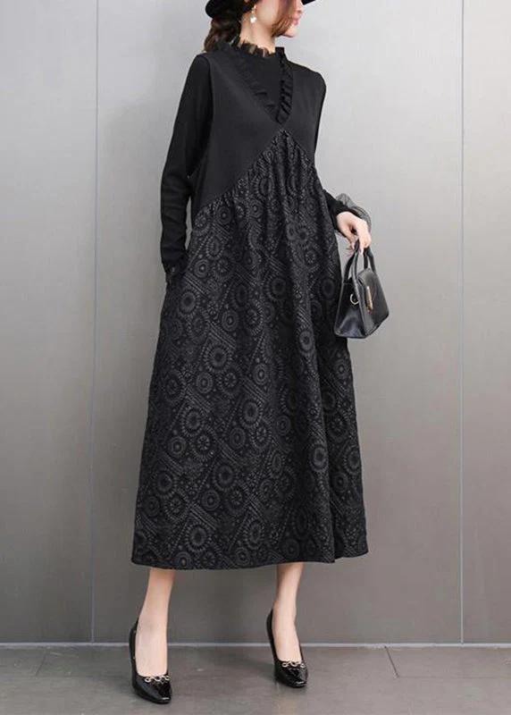 Stylish Black V Neck Print T Shirts And Long Dress Two Pieces Set Spring - Image 4
