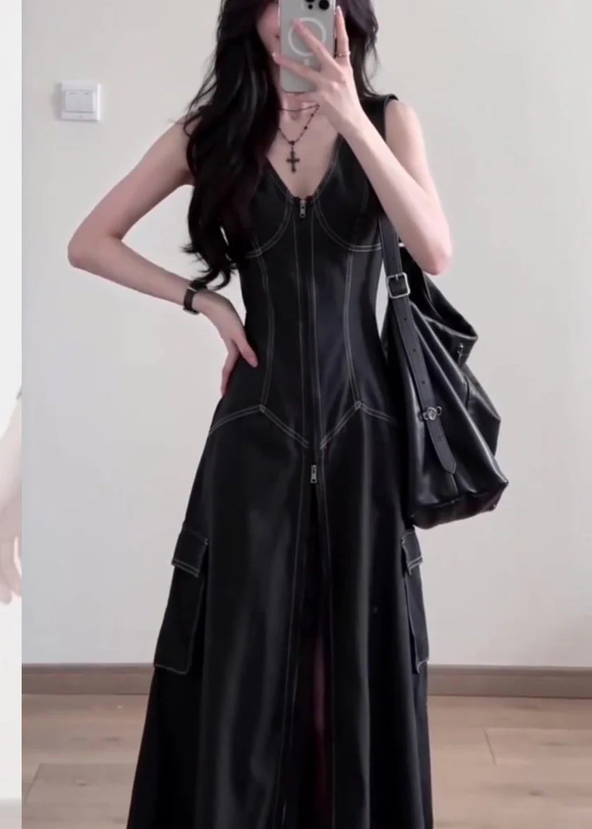 Stylish Black V Neck Side Open Denim A Line Dress Sleeveless - Image 3