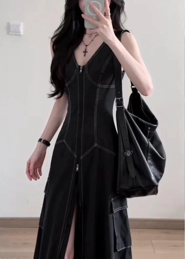 Stylish Black V Neck Side Open Denim A Line Dress Sleeveless - Image 5