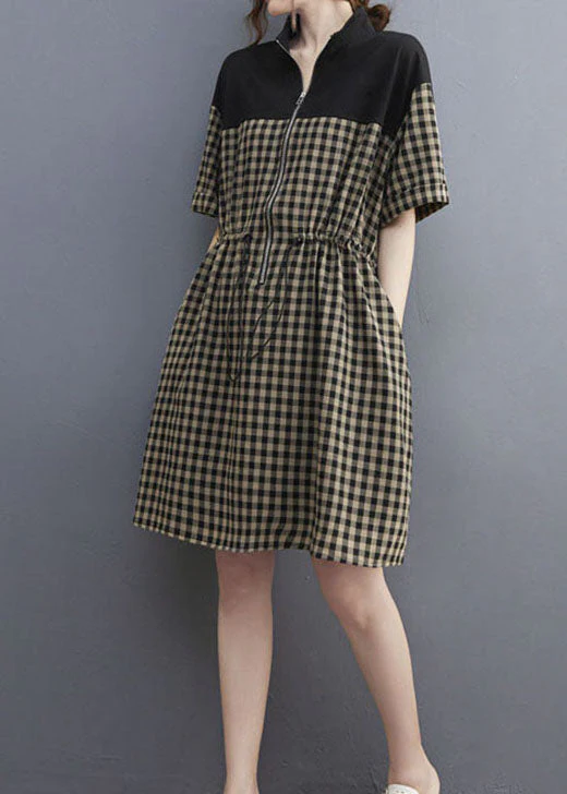 Stylish Black Zip Up Plaid drawstring Dresses Short Sleeve - Image 2