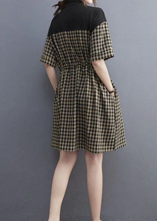 Stylish Black Zip Up Plaid drawstring Dresses Short Sleeve - Image 4