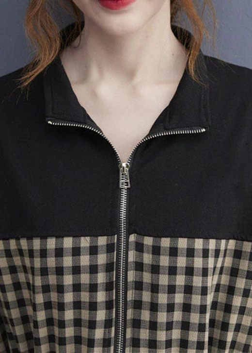 Stylish Black Zip Up Plaid drawstring Dresses Short Sleeve - Image 5