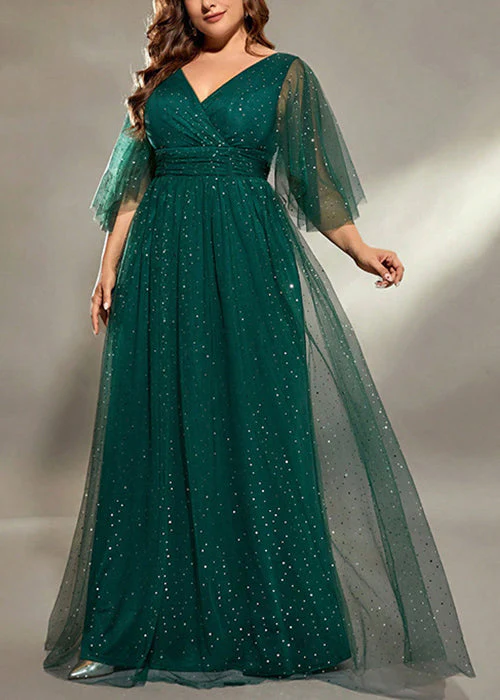 Stylish Blackish Green V Neck Sequins Tulle Long Dresses Half Sleeve - Image 2