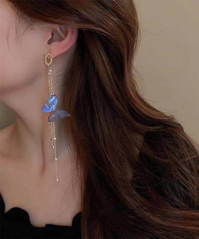 Stylish Blue Acrylic Crystal Butterfly Tassel Drop Earrings - Image 2