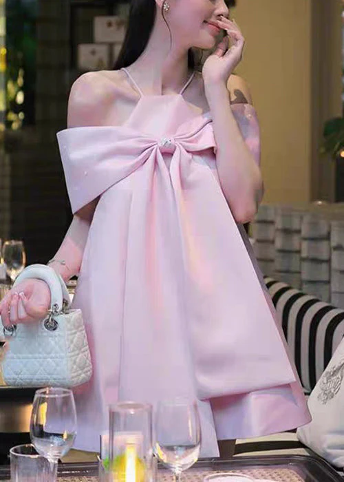 Stylish Blue Cold Shoulder Bow Spaghetti Strap Dress Summer - Image 3