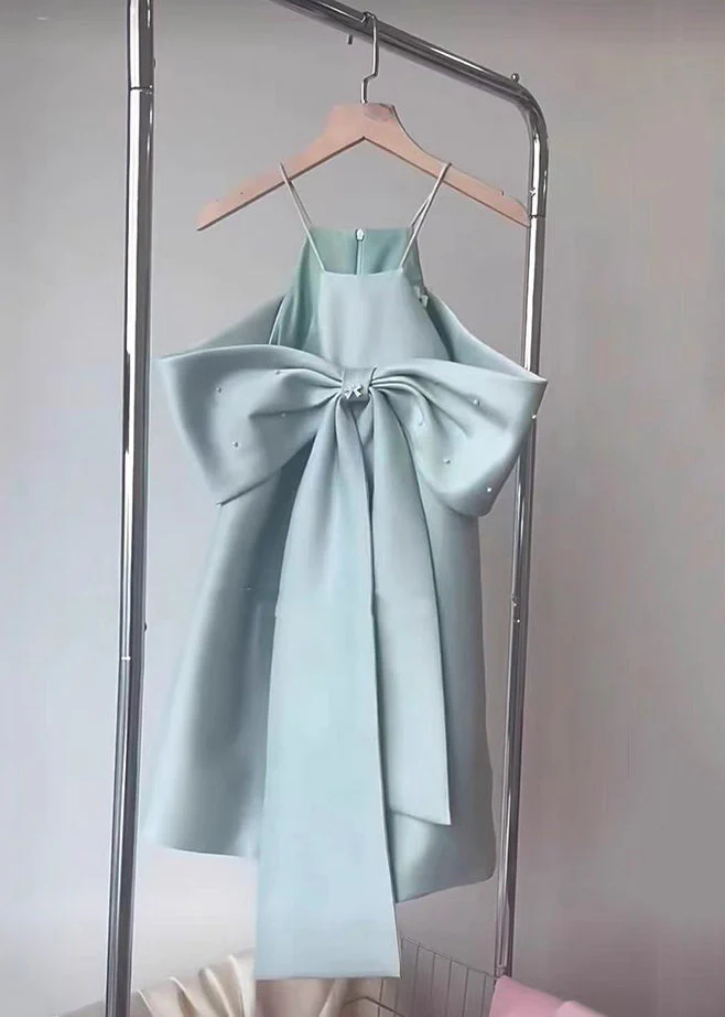 Stylish Blue Cold Shoulder Bow Spaghetti Strap Dress Summer - Image 4