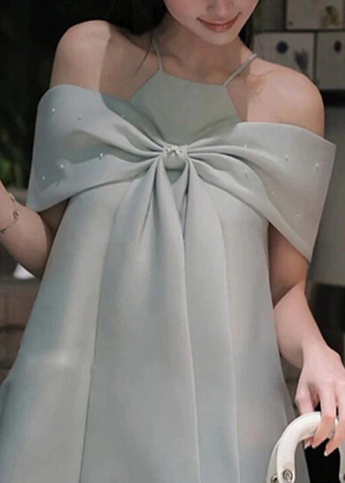 Stylish Blue Cold Shoulder Bow Spaghetti Strap Dress Summer - Image 5