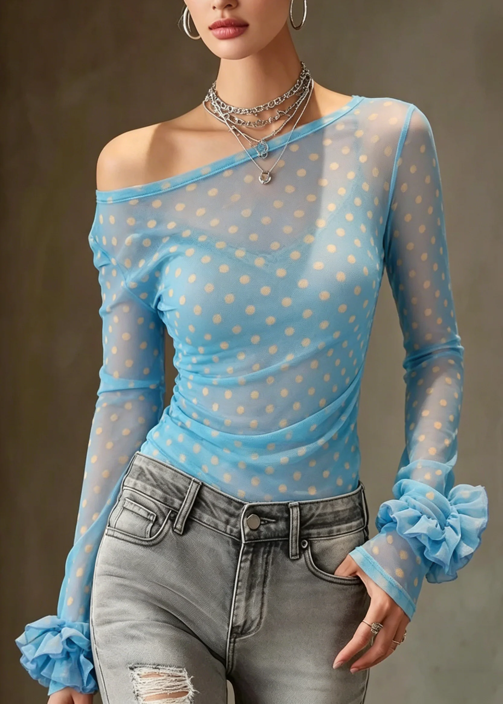 Stylish Blue Cold Shoulder Print Tank Tops Summer - Image 5