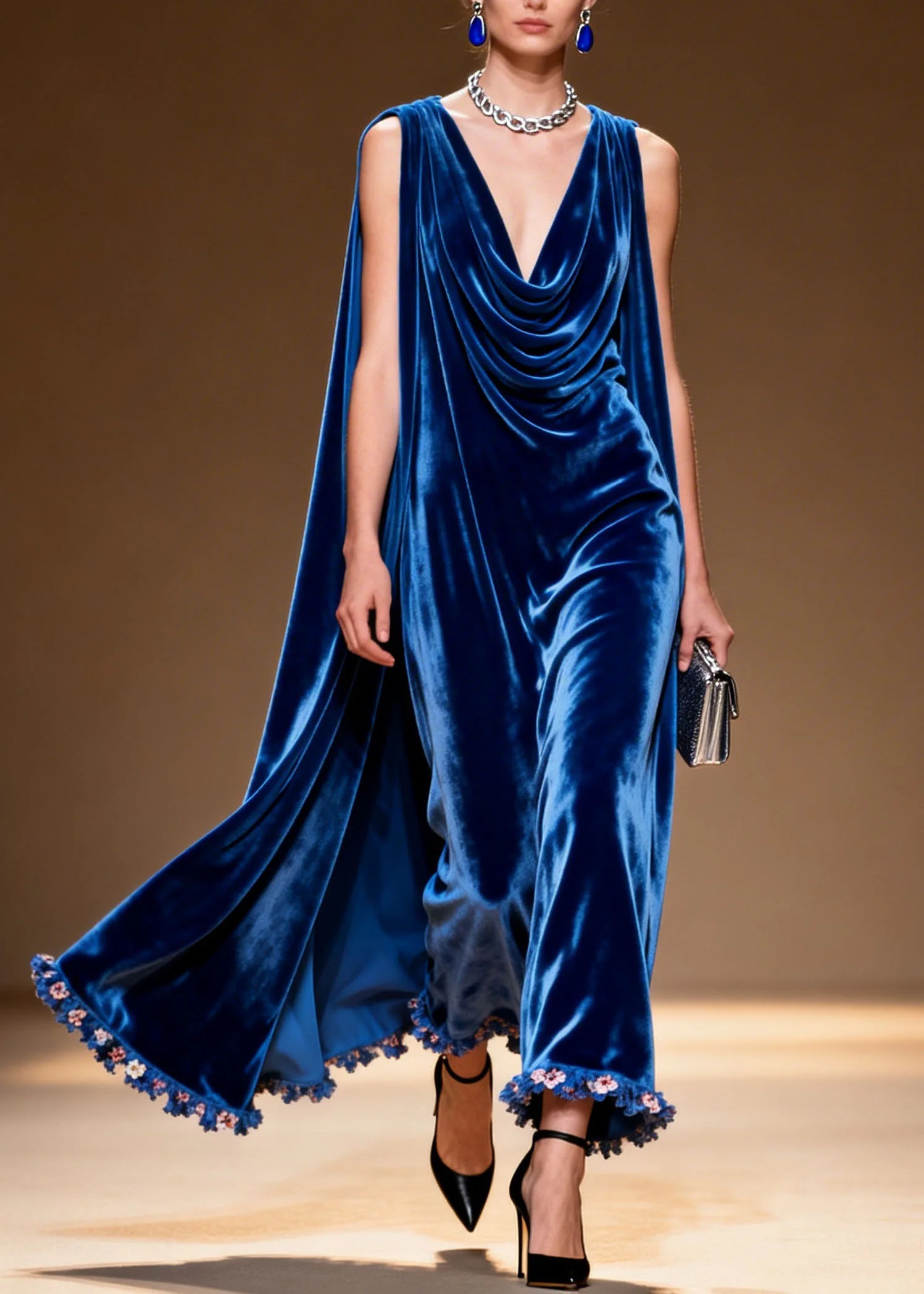 Stylish Blue Draped Neckline Floral Patchwork Velvet Long Dresses Sleeveless - Image 3