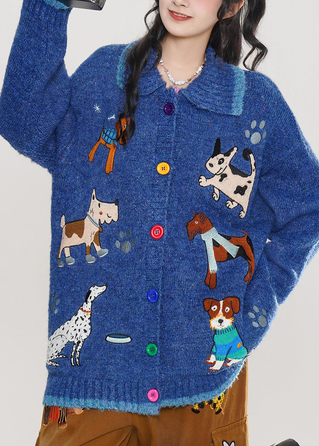 Stylish Blue Embroidered Dog Embroidered Knit Cardigans Winter - Image 2