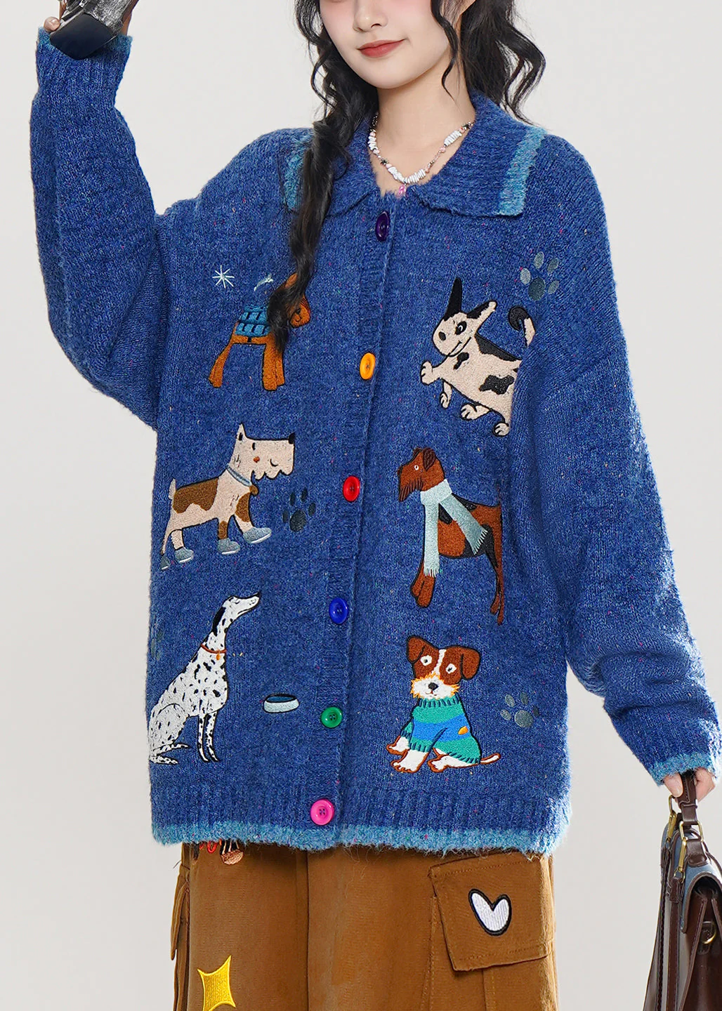 Stylish Blue Embroidered Dog Embroidered Knit Cardigans Winter - Image 3