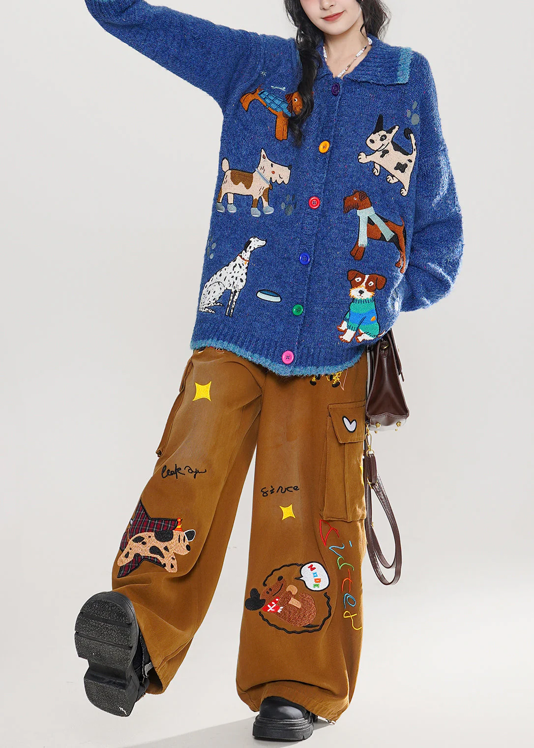 Stylish Blue Embroidered Dog Embroidered Knit Cardigans Winter - Image 4