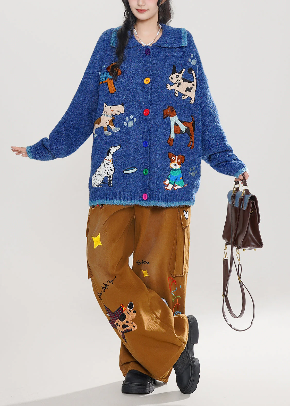 Stylish Blue Embroidered Dog Embroidered Knit Cardigans Winter - Image 5