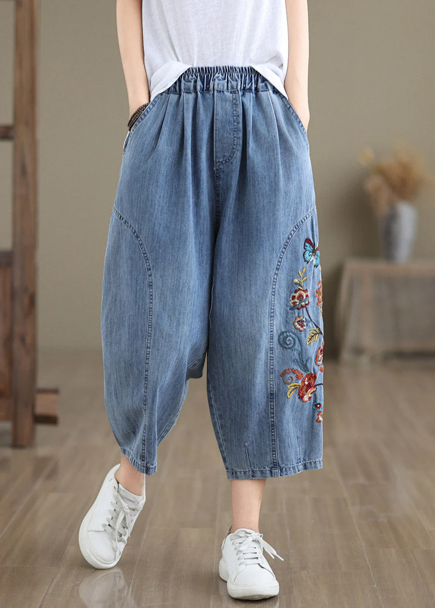 Stylish Blue Embroidered Elastic Waist Crop Jeans Summer - Image 3
