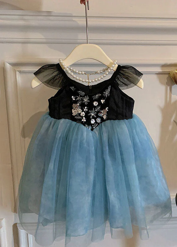 Stylish Blue Embroideried Wrinkled Patchwork Tulle Kids Girls Dress Sleeveless - Image 2