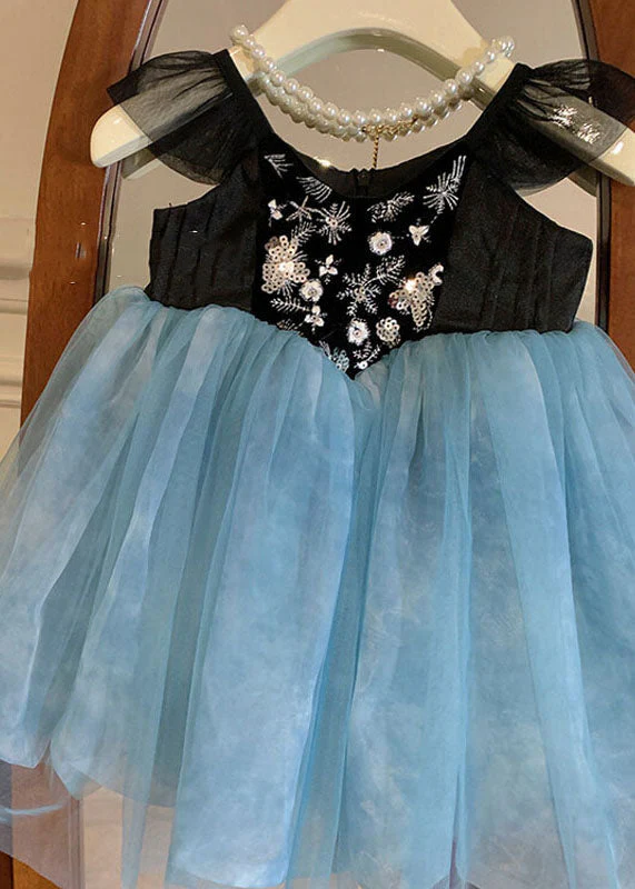 Stylish Blue Embroideried Wrinkled Patchwork Tulle Kids Girls Dress Sleeveless - Image 4