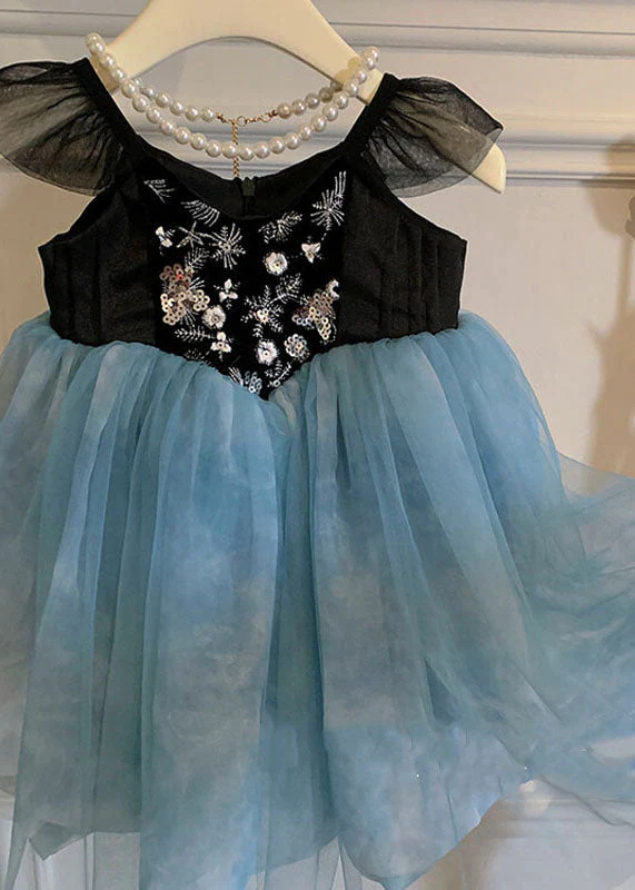 Stylish Blue Embroideried Wrinkled Patchwork Tulle Kids Girls Dress Sleeveless - Image 5