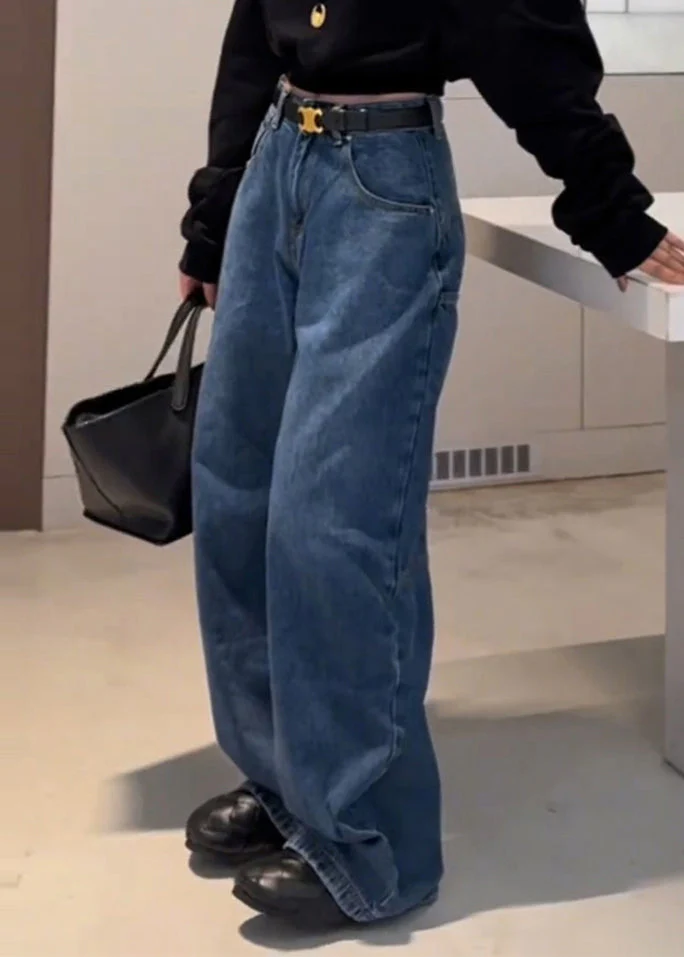 Stylish Blue High Waist Patchwork Pocket Denim Pants Spring - Image 3