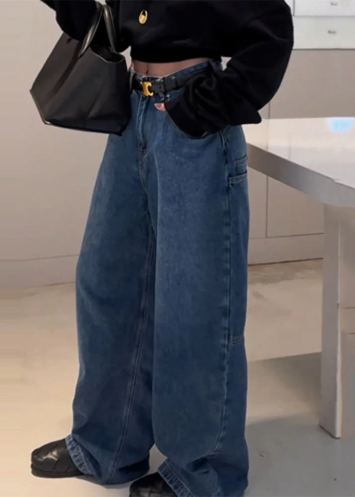 Stylish Blue High Waist Patchwork Pocket Denim Pants Spring - Image 4