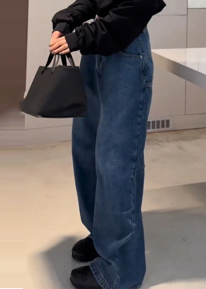 Stylish Blue High Waist Patchwork Pocket Denim Pants Spring - Image 5