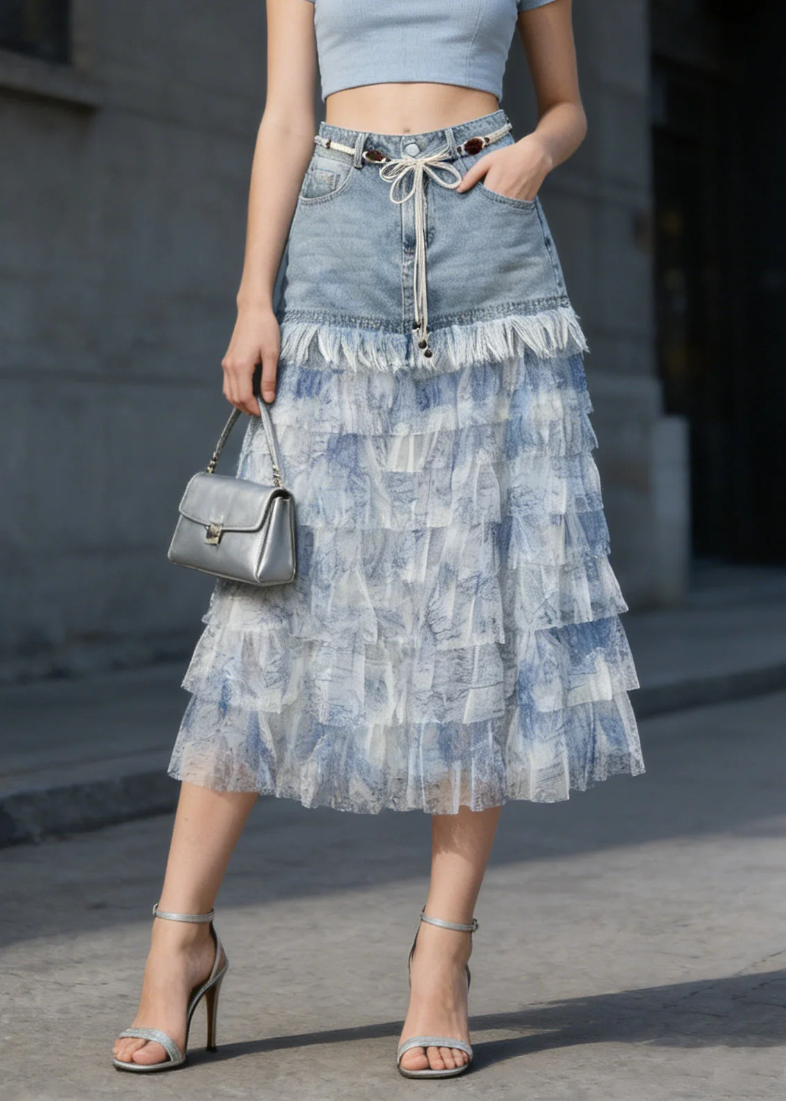 Stylish Blue Layered Tulle Ruffled Patchwork Denim Skirts Summer - Image 5