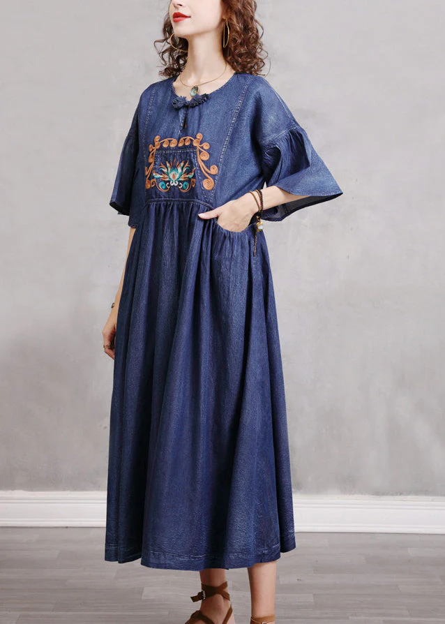 Stylish Blue O-Neck Cinched Embroideried Cotton denim Dresses Butterfly Sleeve - Image 2