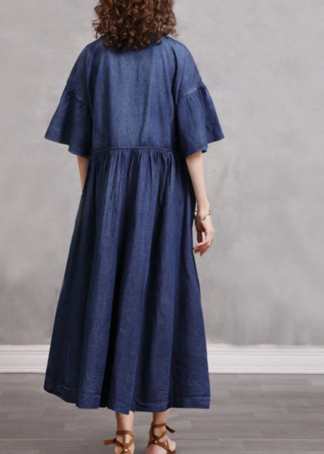 Stylish Blue O-Neck Cinched Embroideried Cotton denim Dresses Butterfly Sleeve - Image 3