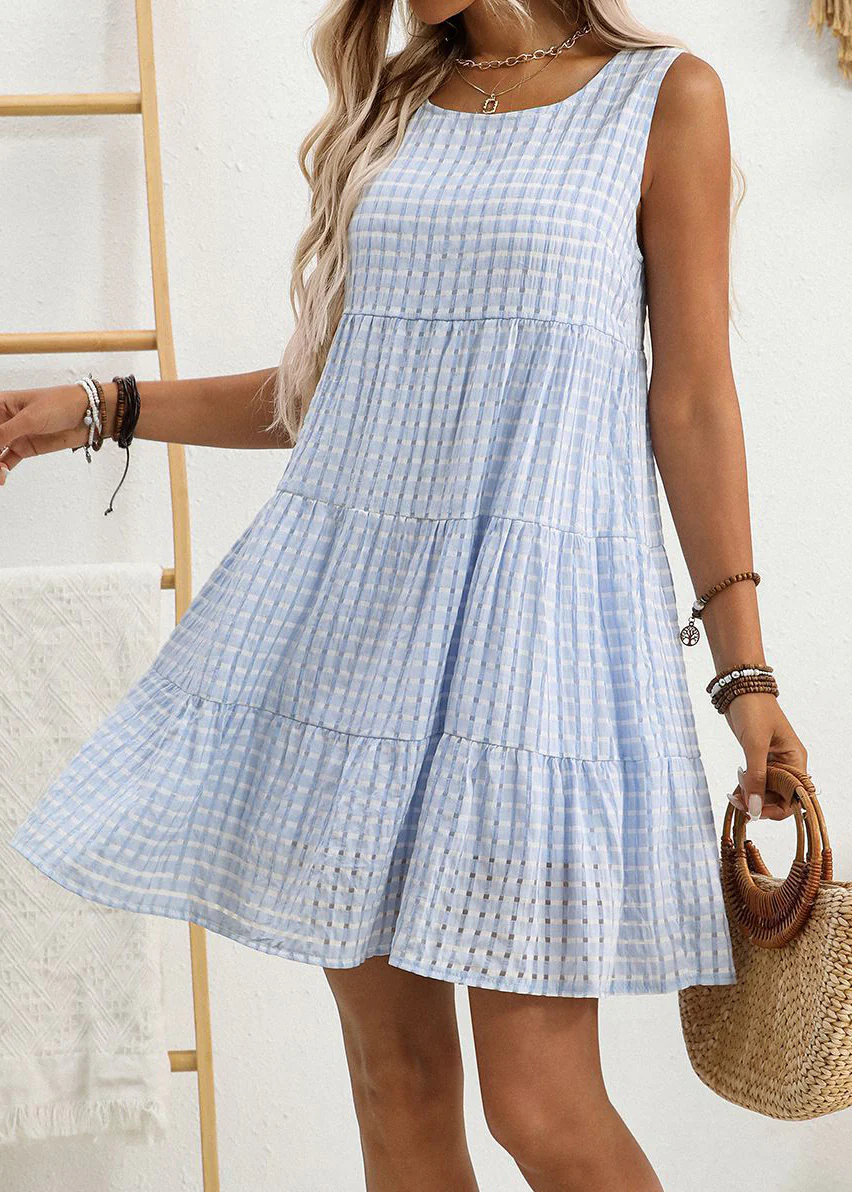 Stylish Blue O Neck Patchwork Cotton Mid Dress Sleeveless