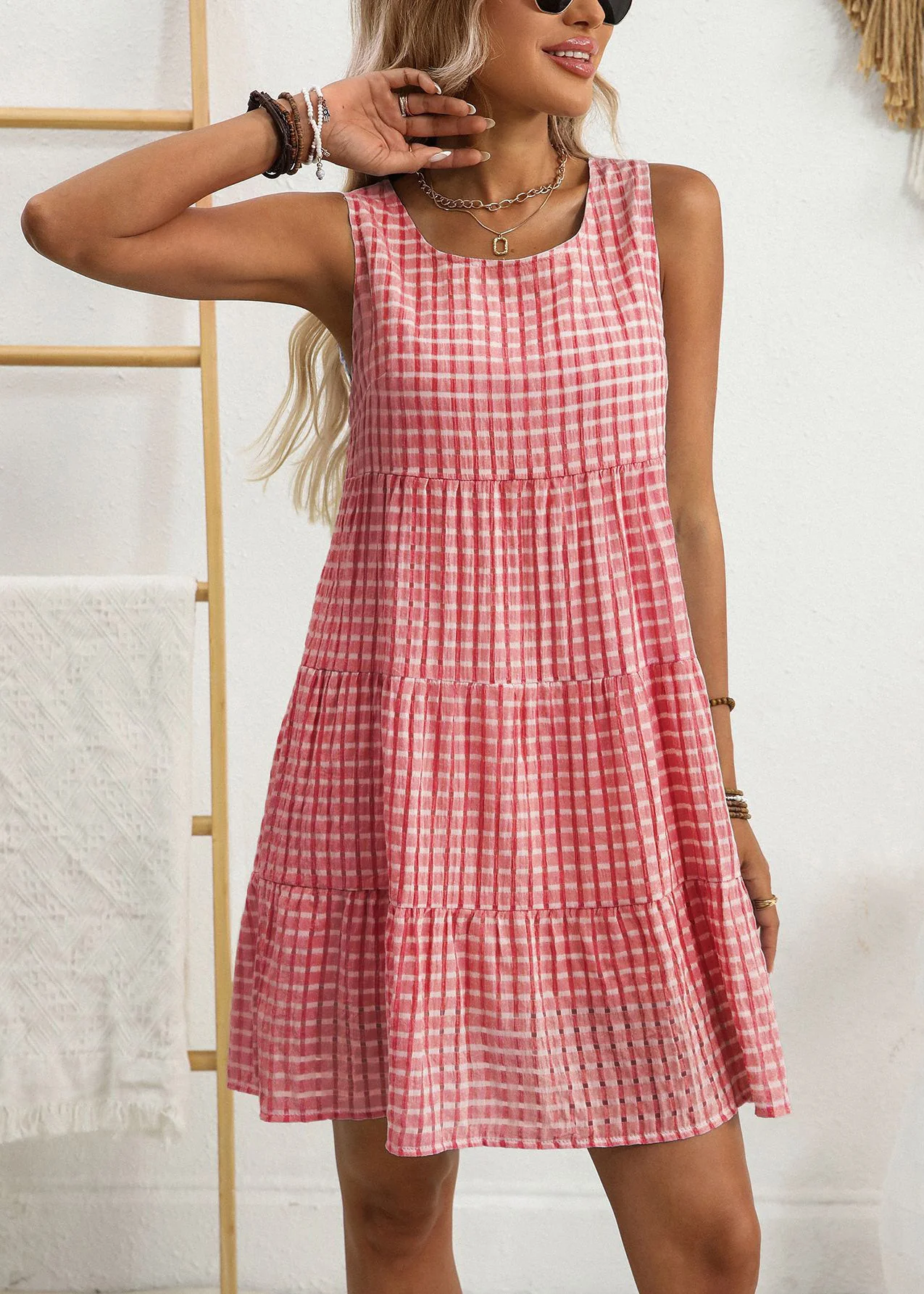 Stylish Blue O Neck Patchwork Cotton Mid Dress Sleeveless - Image 4