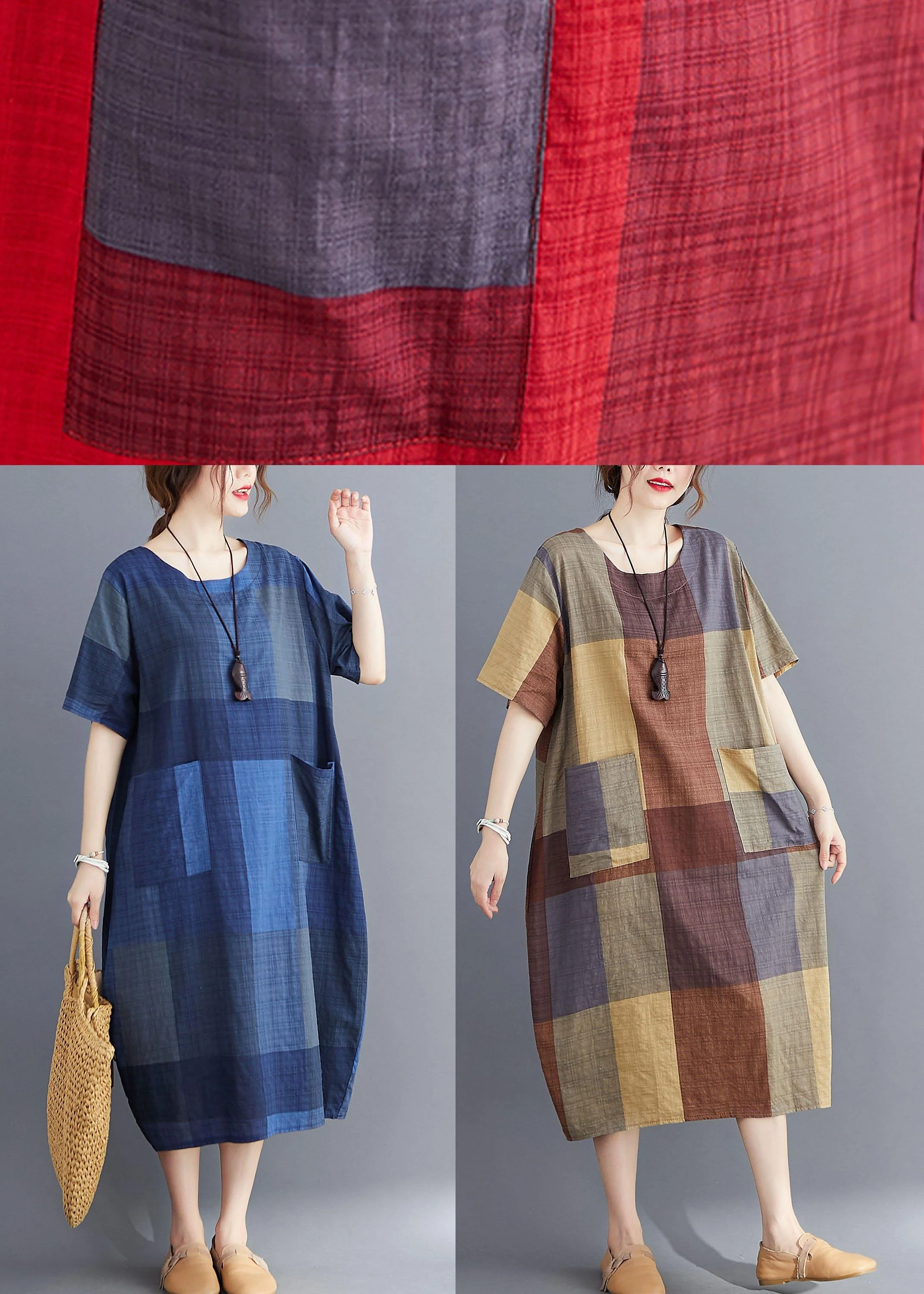 Stylish Blue O Neck Plaid Maxi Dresses Cotton Linen Summer - Image 5