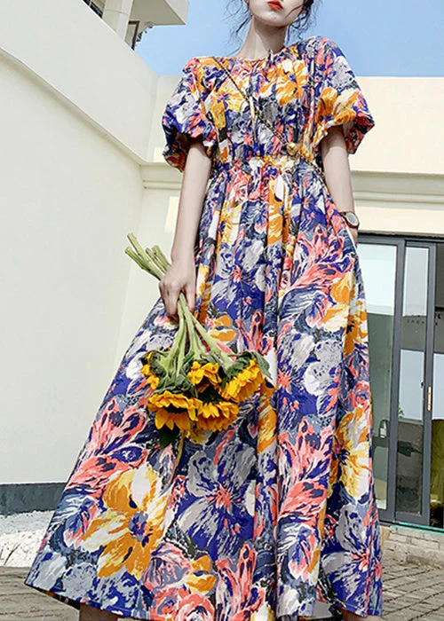 Stylish Blue O Neck Print Lace Up Patchwork Cotton Dress Summer - Image 2