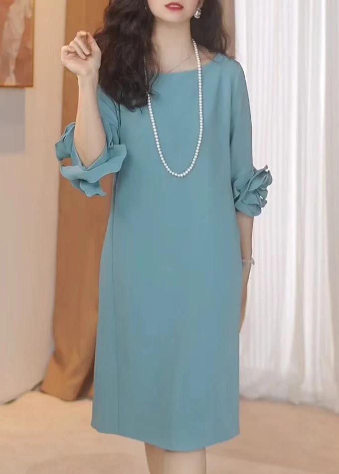Stylish Blue O-Neck Ruffled Patchwork Mid Dress Summer - Image 4