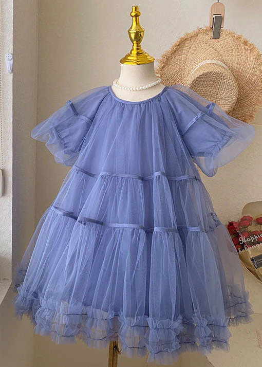 Stylish Blue O-Neck Ruffled Patchwork Tulle Kids Girls Dresses Summer - Image 2