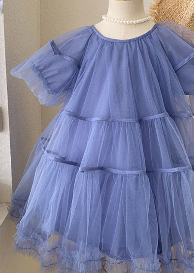 Stylish Blue O-Neck Ruffled Patchwork Tulle Kids Girls Dresses Summer - Image 3